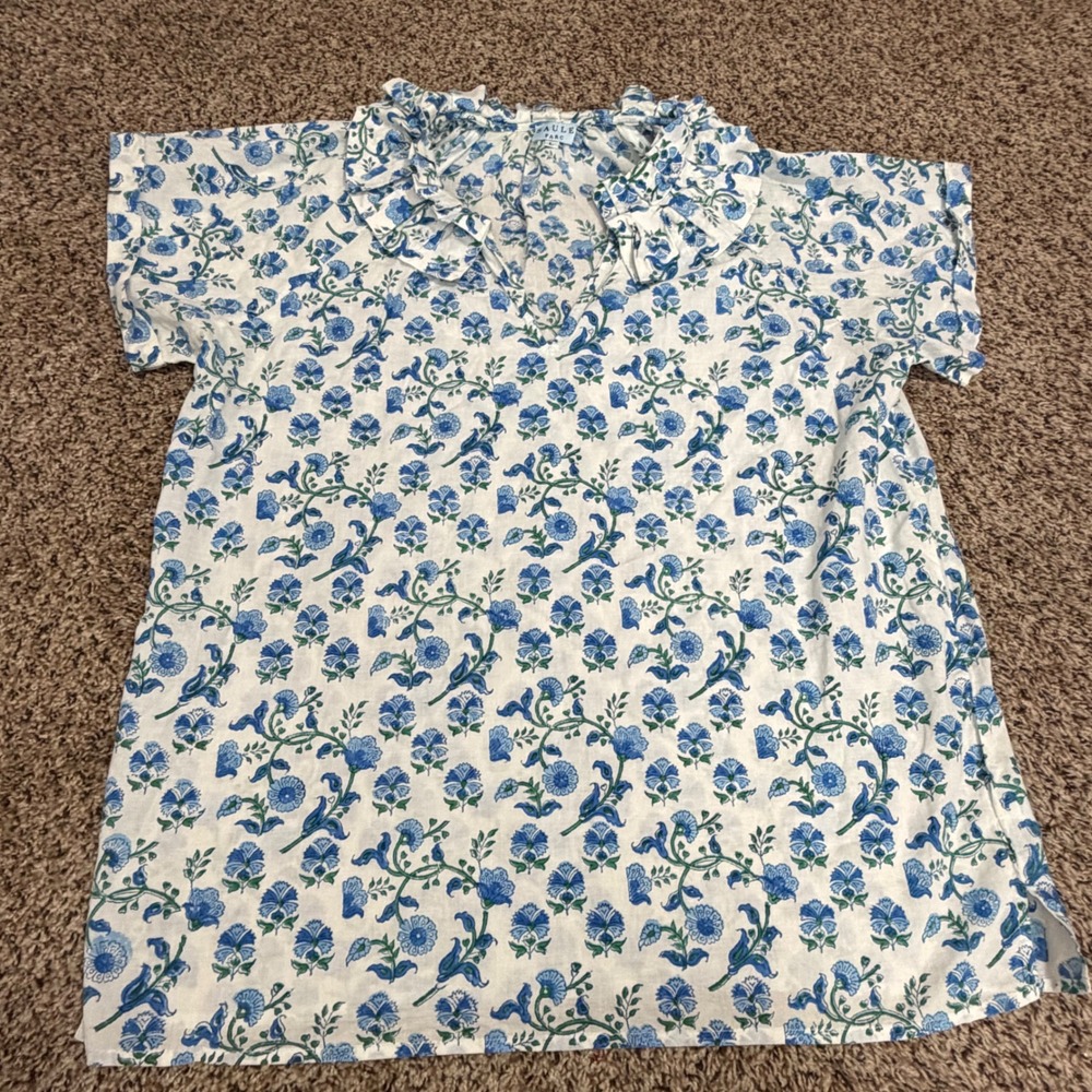 Saule Parc Women Blue Floral Block Print Cotton Ruffle Collar Blouse Large